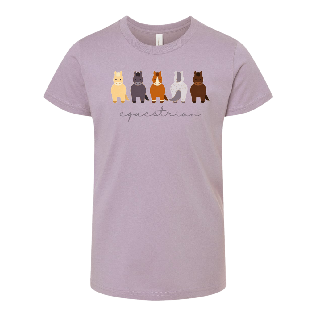A light purple short-sleeve crewneck t-shirt featuring a graphic of five different colored horses and the word 'equestrian' written in cursive underneath, displayed on a clean white background.