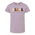 A light purple short-sleeve crewneck t-shirt featuring a graphic of five different colored horses and the word 'equestrian' written in cursive underneath, displayed on a clean white background.