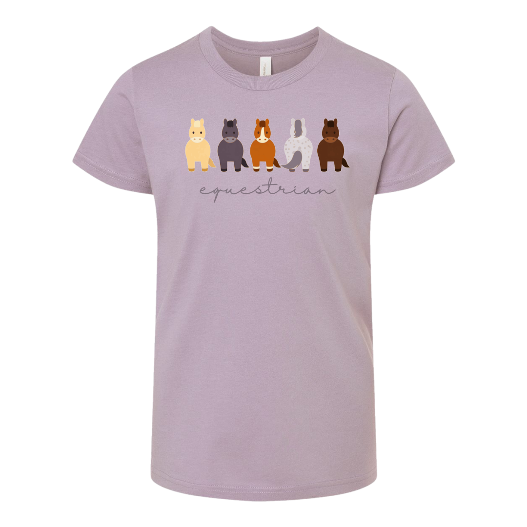 A light purple short-sleeve crewneck t-shirt featuring a graphic of five different colored horses and the word 'equestrian' written in cursive underneath, displayed on a clean white background.