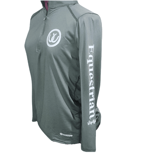 A dark gray long-sleeve quarter-zip athletic pullover with a white circular logo on the left chest and 'Equestrian' printed vertically in white on the left sleeve, shown on a plain white background.