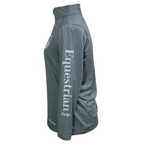 A dark gray long-sleeve athletic jacket shown from the side profile, featuring 'Equestrian' printed vertically in white on the right sleeve and a small white logo on the left shoulder.