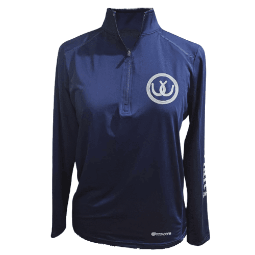 A navy blue long-sleeve quarter-zip athletic pullover with a white circular horseshoe logo on the left chest , shown on a white background.