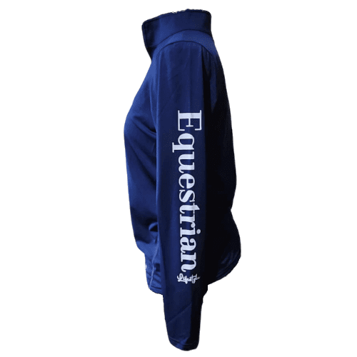 A navy blue cropped hoodie shown from the side profile, featuring the word 'Equestrian' printed vertically in white on the sleeve.