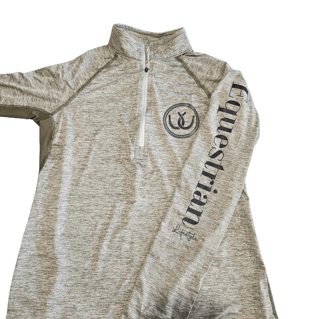 A heathered taupe long-sleeve quarter-zip pullover with 'Equestrian Lifestyle' printed in black on the right sleeve and a matching circular logo on the left chest, shown on a plain white background.