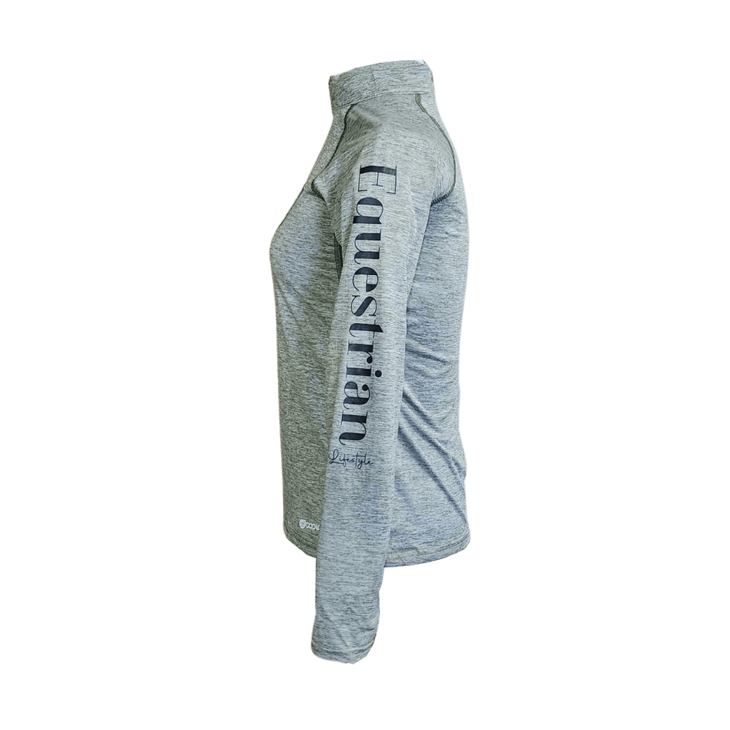 A light heather gray long-sleeve athletic top shown from the side, featuring the word 'Equestrian' printed vertically in dark gray on the left sleeve.