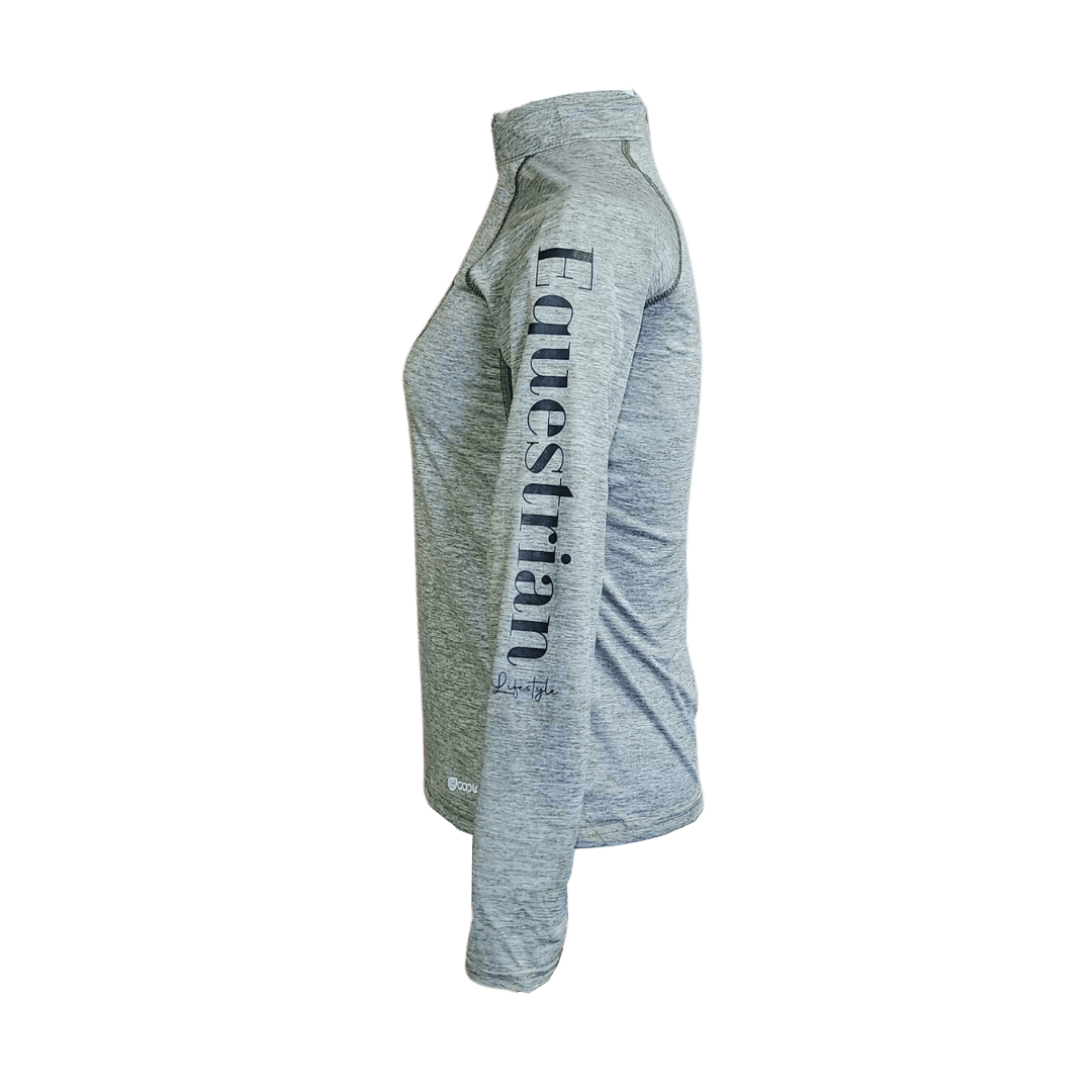 A light heather gray long-sleeve athletic top shown from the side, featuring the word 'Equestrian' printed vertically in dark gray on the left sleeve.