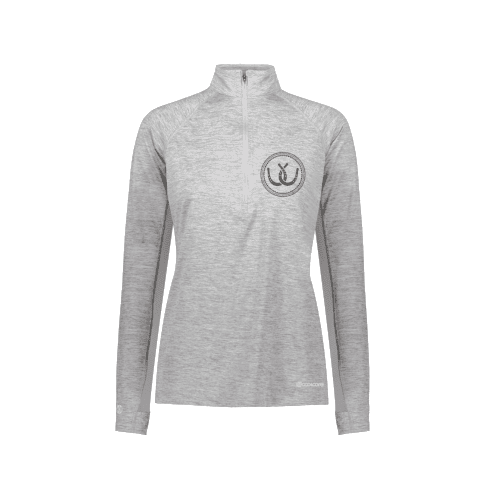 A light gray heather long-sleeve quarter-zip pullover top with a circular horseshoe chest logo, displayed on a clean white background.