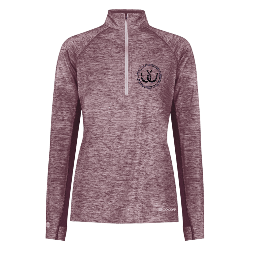 A women's heathered mauve-purple long-sleeve quarter-zip pullover with a black circular horseshoe logo on the left chest shown on a plain white background.