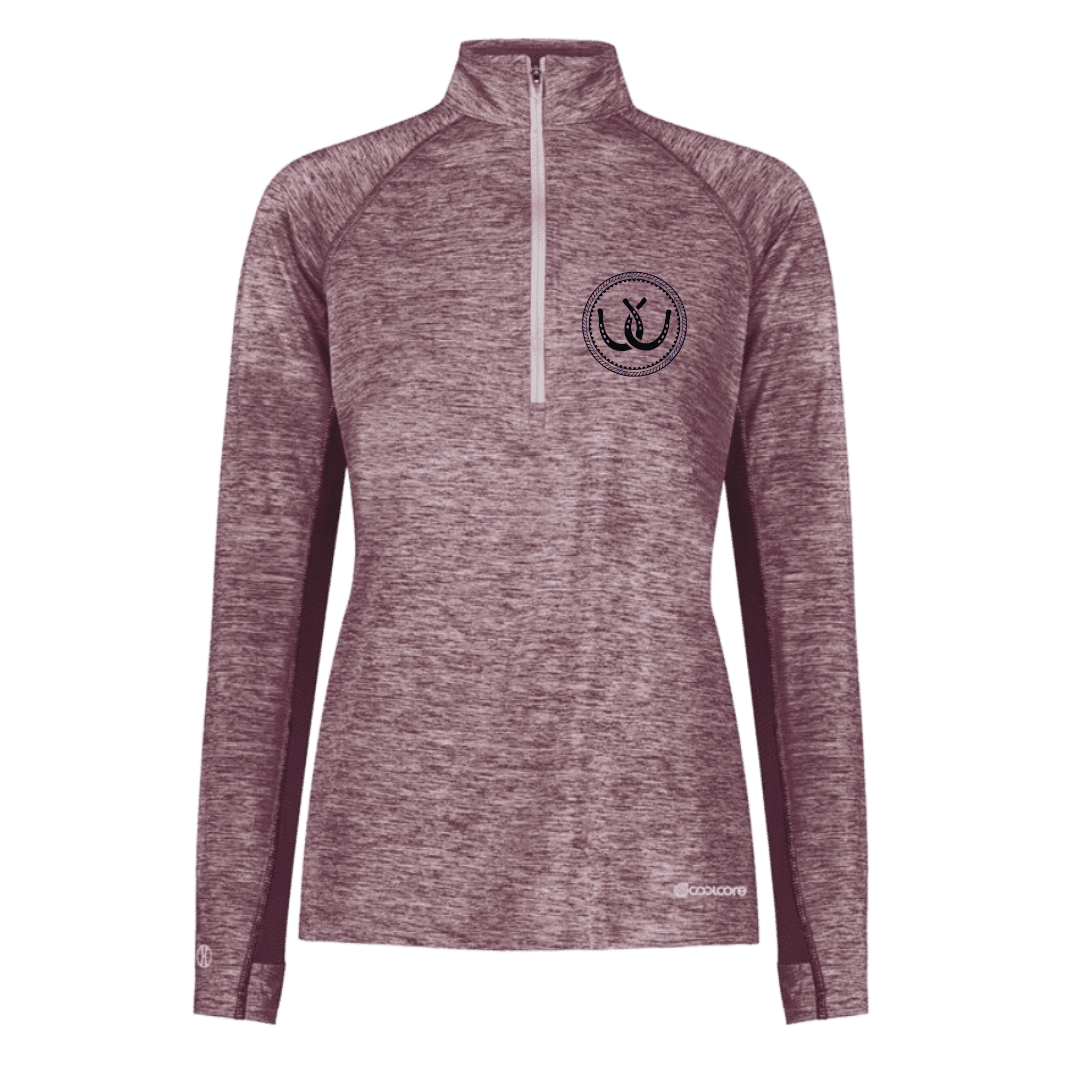 A women's heathered mauve-purple long-sleeve quarter-zip pullover with a black circular horseshoe logo on the left chest shown on a plain white background.