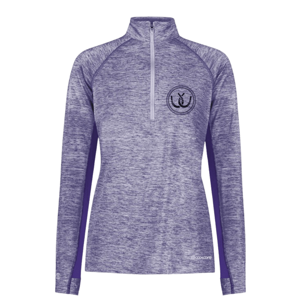 A women's heathered purple quarter-zip pullover with a circular horseshoe logo on the left chest shown on a plain white background.