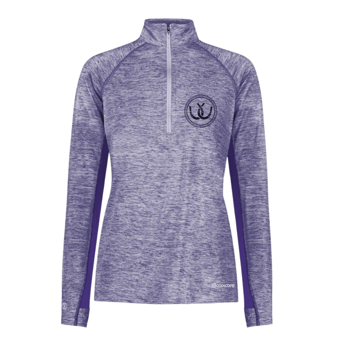A women's heathered purple quarter-zip pullover with a circular horseshoe logo on the left chest shown on a plain white background.