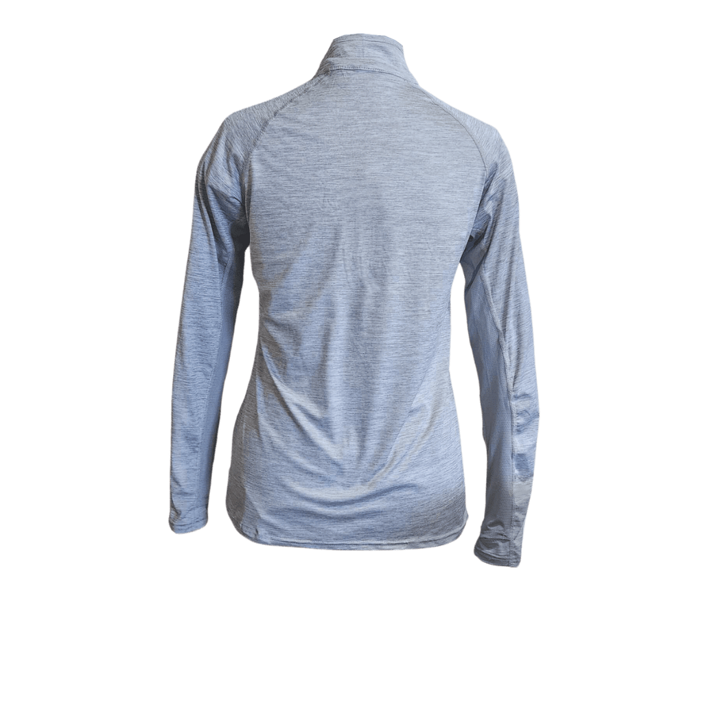A light heather gray long-sleeve athletic top shown from the back, displayed on an invisible mannequin against a plain white background.
