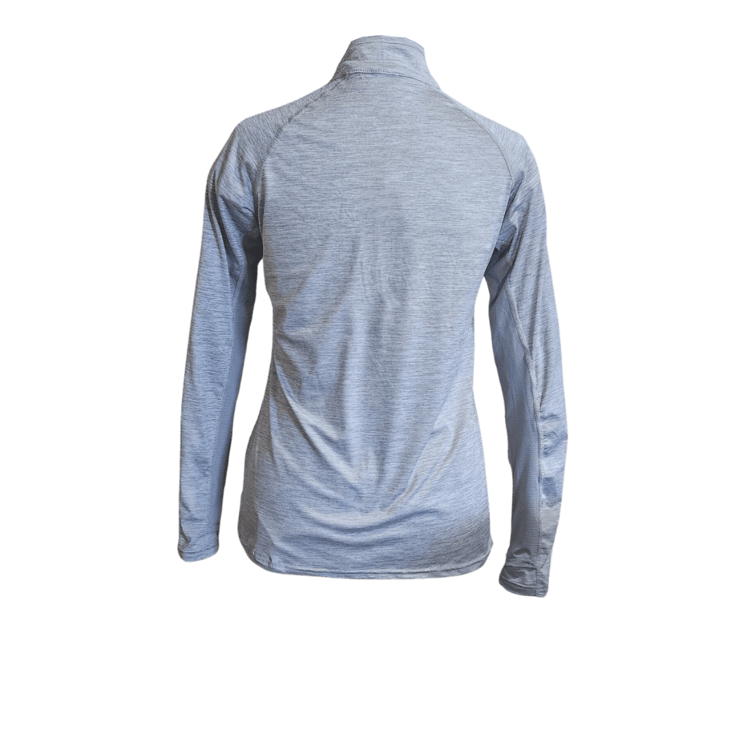A light heather gray long-sleeve athletic top shown from the back, displayed on an invisible mannequin against a plain white background.