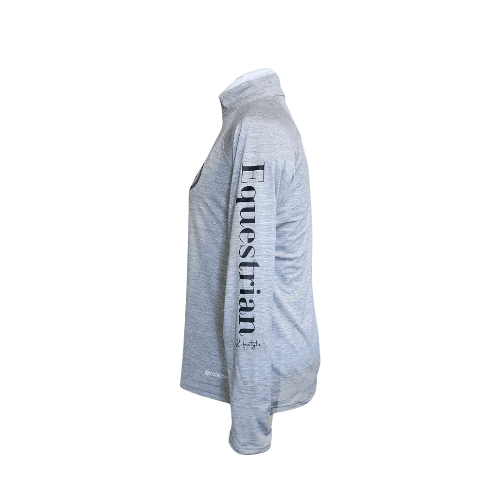 A light heather gray long-sleeve performance shirt shown in side profile, featuring 'Equestrian lifestyle' printed vertically in black on the right sleeve.