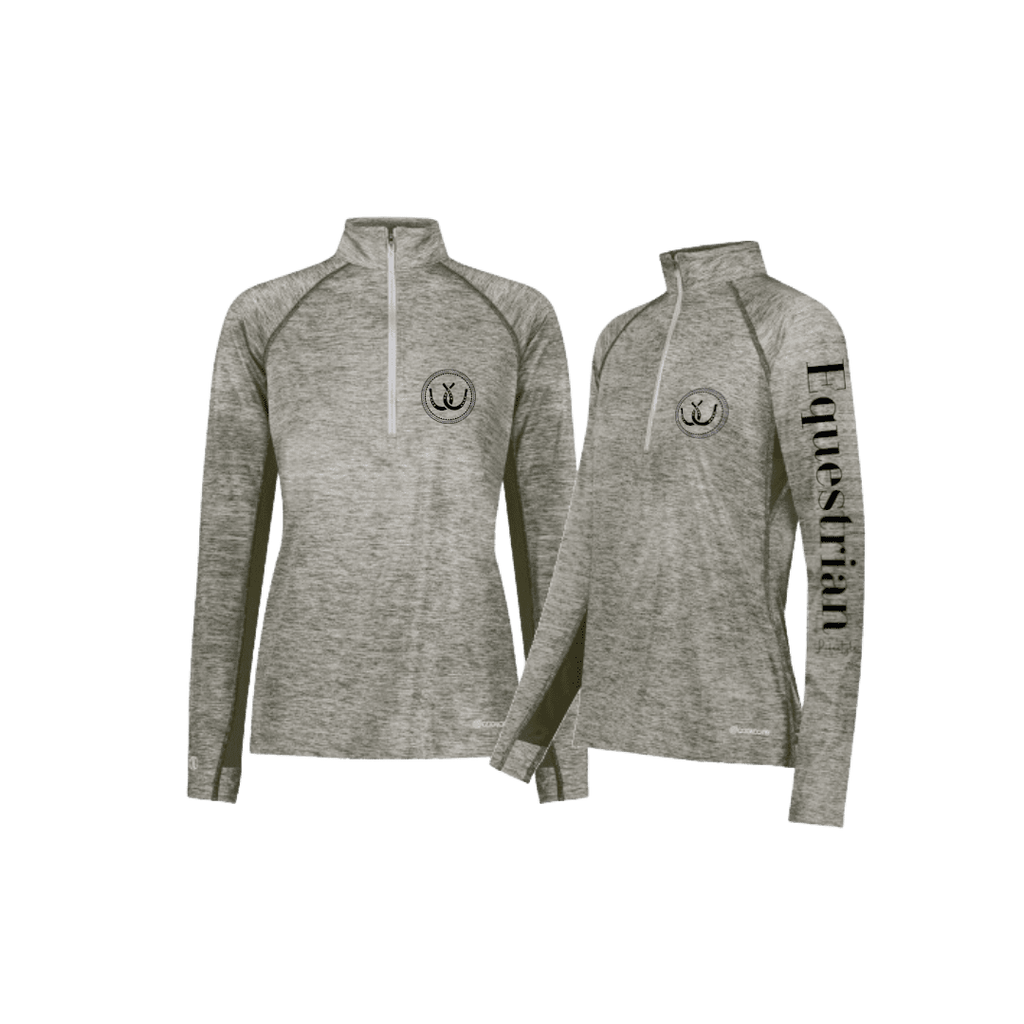 Two heather gray long-sleeve quarter-zip athletic pullovers shown on a plain white background, one front view and one side view. The front pullover has a small circular horseshoe chest logo, and the side view pullover has 'Equestrian' printed vertically down the sleeve.