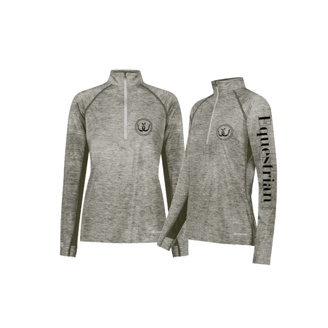 Two heather gray long-sleeve quarter-zip athletic pullovers shown on a plain white background, one front view and one side view. The front pullover has a small circular horseshoe chest logo, and the side view pullover has 'Equestrian' printed vertically down the sleeve.