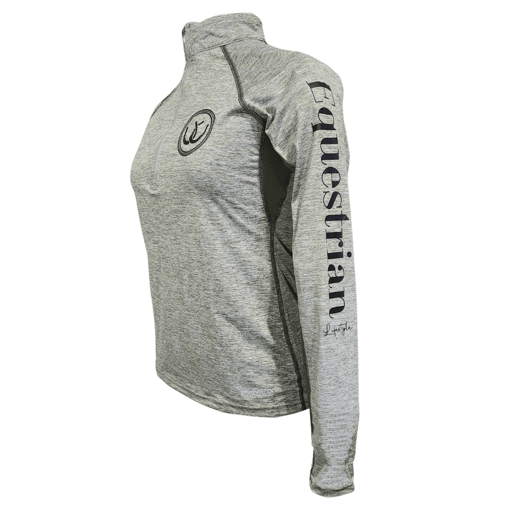 A heather gray long-sleeve quarter-zip athletic top shown from a side profile view. The left chest features a circular horseshoe logo, and the right sleeve is printed vertically with 'Equestrian' in black, along with a smaller script Lifestyle logo below it.