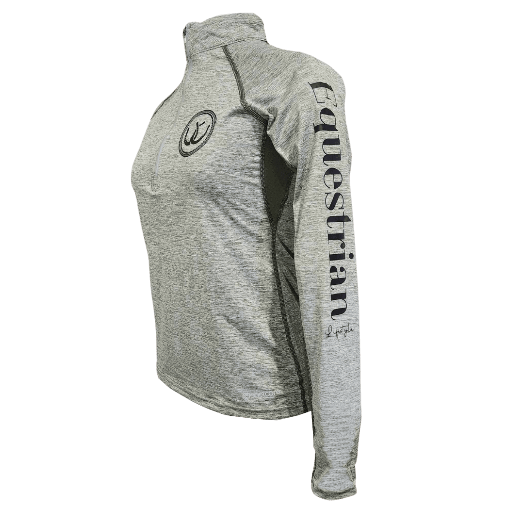 A heather gray long-sleeve quarter-zip athletic top shown from a side profile view. The left chest features a circular horseshoe logo, and the right sleeve is printed vertically with 'Equestrian' in black, along with a smaller script Lifestyle logo below it.