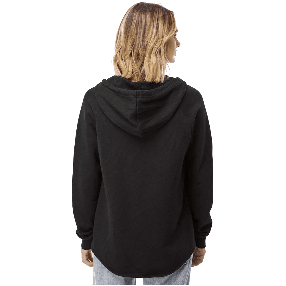A woman viewed from the back wearing a black pullover hoodie with a relaxed fit and light-wash jeans, set against a plain white background.