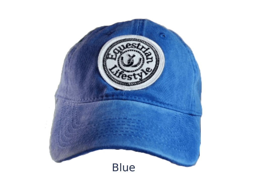 A blue baseball cap with a circular embroidered patch reading 'Equestrian Lifestyle' on the front, shown against a plain white background with the word 'Blue' below.