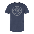 A heather navy blue short-sleeve t-shirt with a circular white graphic on the chest reading 'Equestrian Lifestyle' around a horseshoe symbol, shown on a plain white background.