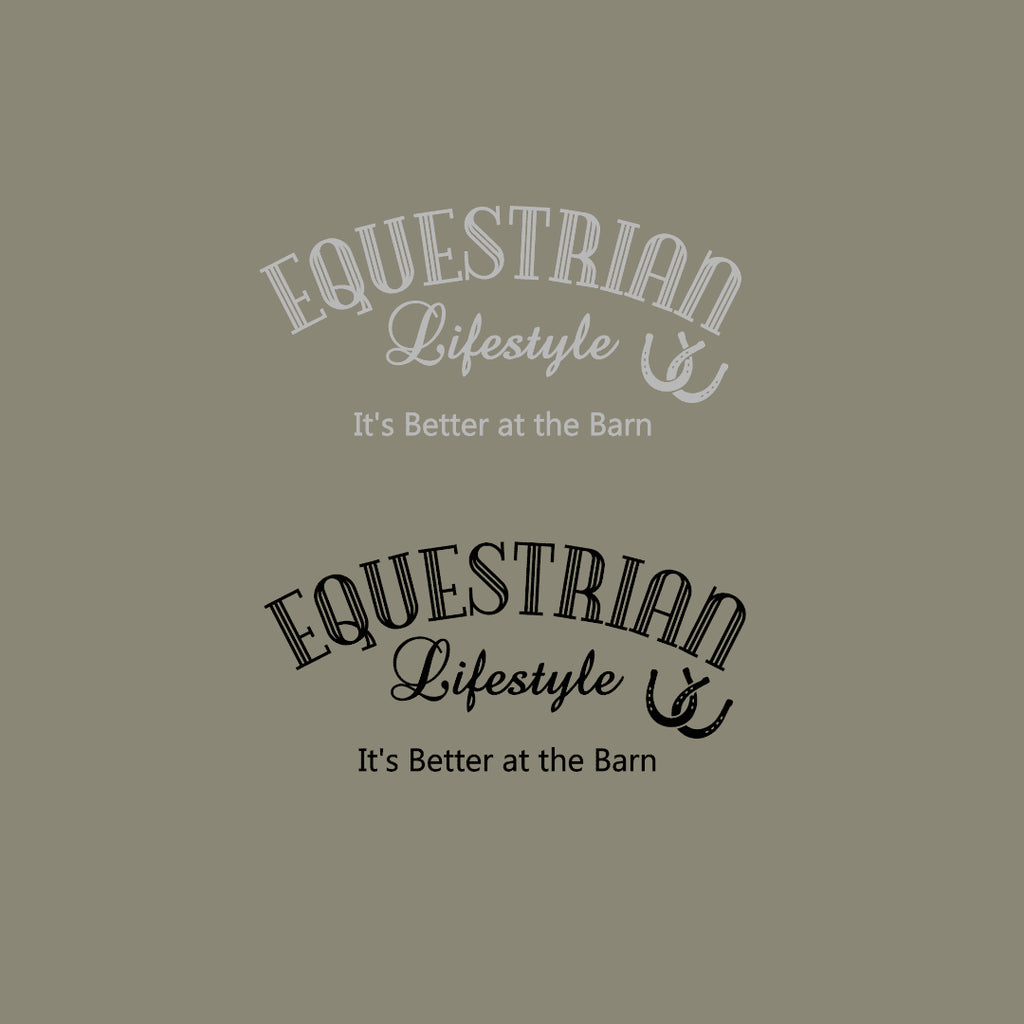 Two logo design variations for 'Equestrian Lifestyle' displayed on a solid olive green background. The top logo is in light gray, and the bottom logo is in black, both featuring the tagline 'It's Better at the Barn'.