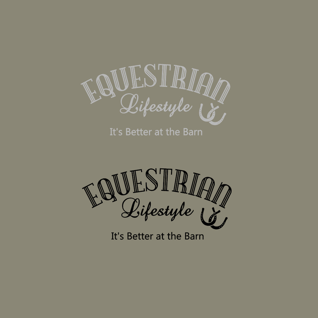 Two logo design variations for 'Equestrian Lifestyle' displayed on a solid olive green background. The top logo is in light gray, and the bottom logo is in black, both featuring the tagline 'It's Better at the Barn'.
