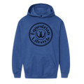 A heather blue pullover hoodie with a black circular graphic on the chest reading 'Equestrian Lifestyle' around a horseshoe symbol, shown on a plain white background.