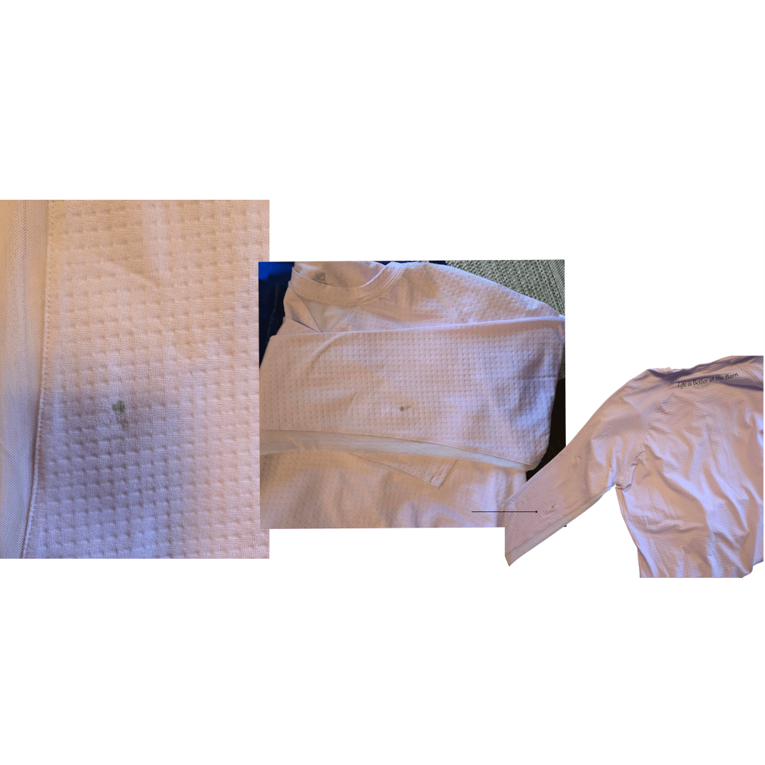 A white textured long-sleeve shirt or scrub top shown in multiple close-up and full-length views on a plain white background.