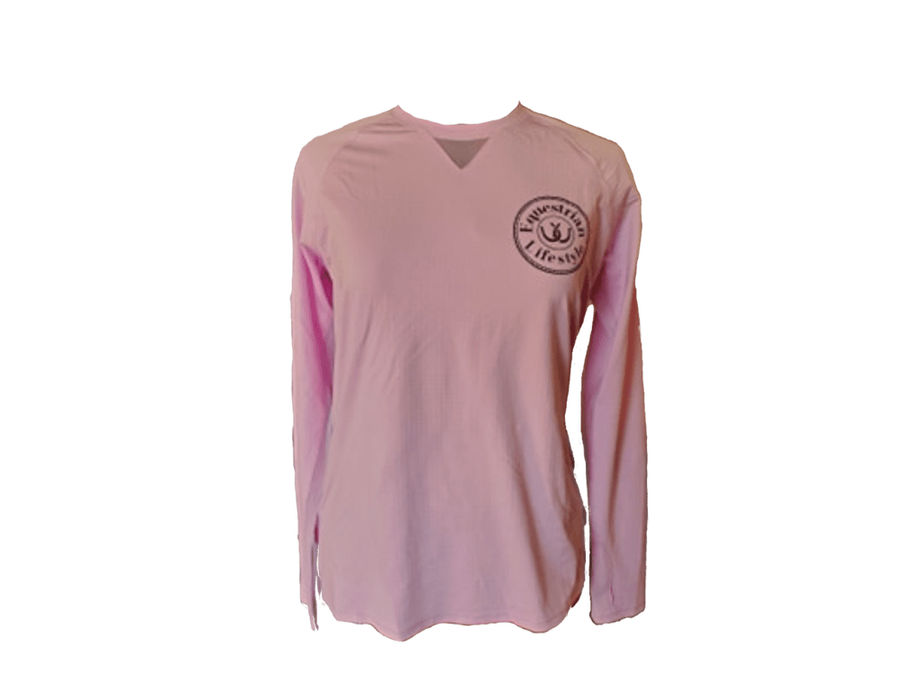 A light pink long-sleeve V-neck shirt with a circular dark logo on the left chest, displayed on a plain white background.