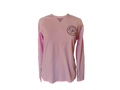 A light pink long-sleeve V-neck shirt with a circular dark logo on the left chest, displayed on a plain white background.