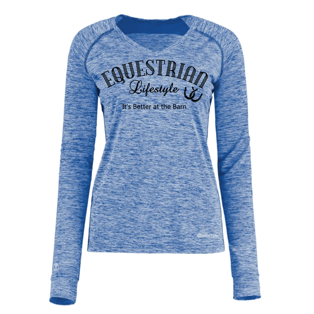 A women's heathered blue long-sleeve athletic shirt with 'EQUESTRIAN Lifestyle' and 'It's Better at the Barn' printed in black on the front, shown on a plain white background.