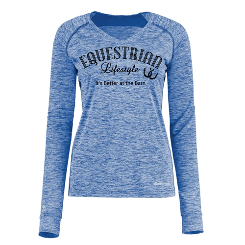 A women's heathered blue long-sleeve athletic shirt with 'EQUESTRIAN Lifestyle' and 'It's Better at the Barn' printed in black on the front, shown on a plain white background.