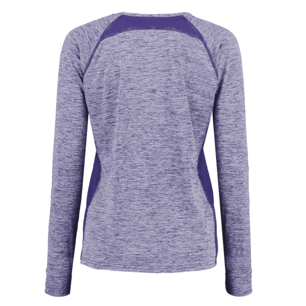 A women's long-sleeve athletic top shown from the back, featuring a heathered lavender-purple body with solid darker purple contrast  breathable panels at the shoulders and sides.