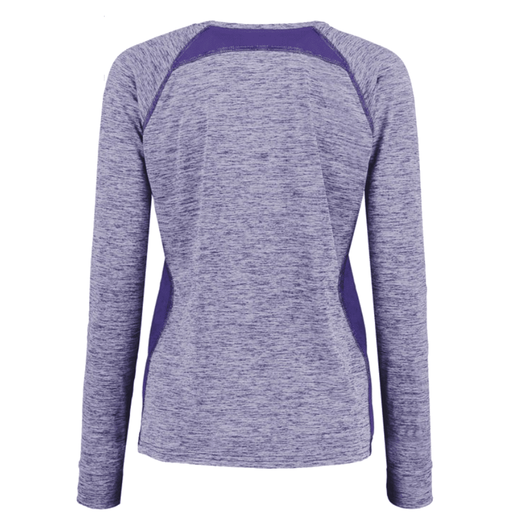 A women's long-sleeve athletic top shown from the back, featuring a heathered lavender-purple body with solid darker purple contrast  breathable panels at the shoulders and sides.