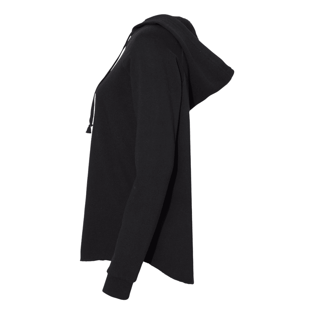 A black long-sleeve hooded sweatshirt shown from a side profile view against a solid white background.