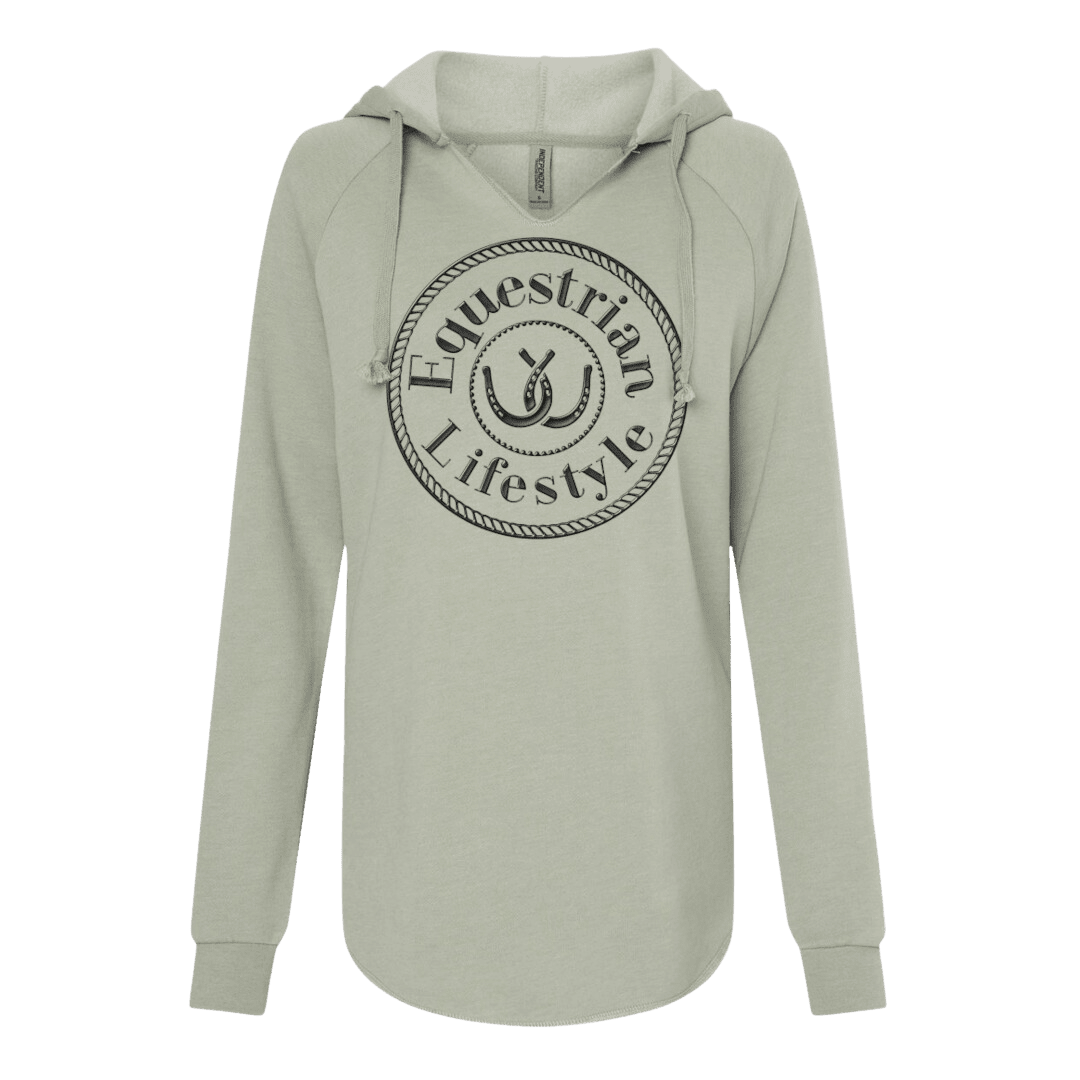 A light sage green pullover hoodie with a black circular graphic on the chest that reads 'Equestrian Lifestyle' around a horseshoe illustration. The hoodie features long raglan sleeves, a high hood, and ribbed cuffs and hem, shown against a plain white background.