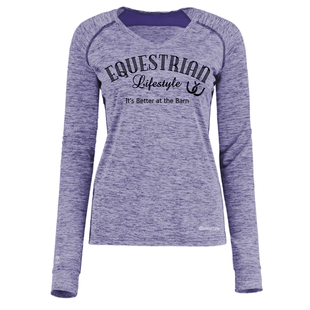 A women's heathered periwinkle purple long-sleeve athletic shirt with 'EQUESTRIAN Lifestyle' and 'It's Better at the Barn' printed in black on the front.