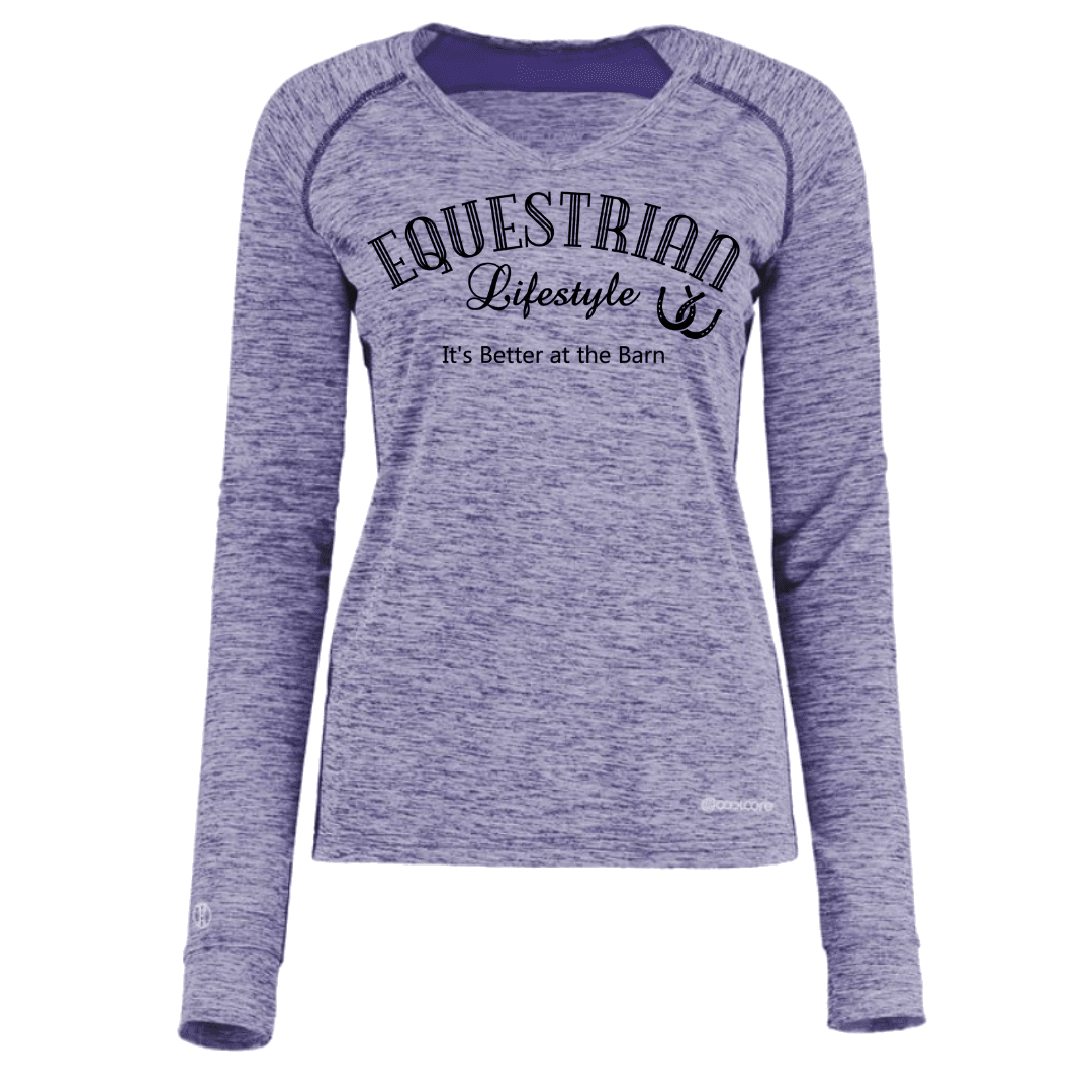 A women's heathered periwinkle purple long-sleeve athletic shirt with 'EQUESTRIAN Lifestyle' and 'It's Better at the Barn' printed in black on the front.