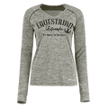 A women's long-sleeve heather gray athletic shirt with 'EQUESTRIAN Lifestyle' and 'It's Better at the Barn' printed in black on the front, shown on a plain white background.