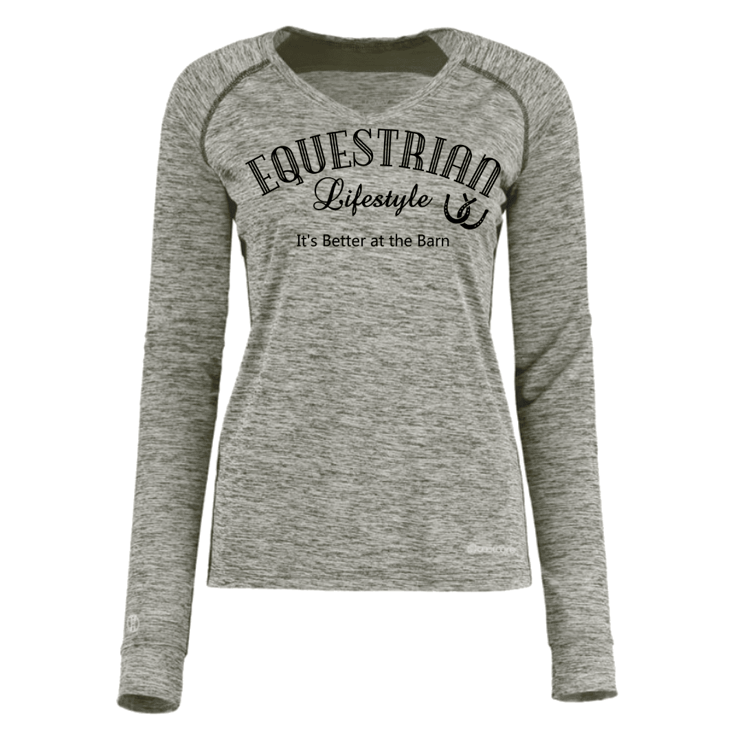 A women's long-sleeve heather gray athletic shirt with 'EQUESTRIAN Lifestyle' and 'It's Better at the Barn' printed in black on the front, shown on a plain white background.