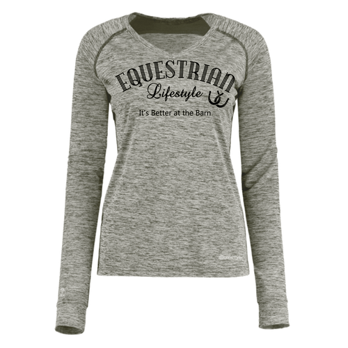 A women's long-sleeve heather gray athletic shirt with 'EQUESTRIAN Lifestyle' and 'It's Better at the Barn' printed in black on the front, shown on a plain white background.
