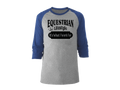 A 3/4 sleeve raglan baseball t-shirt with a heather gray body and royal blue sleeves. The front features a black graphic print that reads 'EQUESTRIAN Lifestyle It's What I Work For' with a small horseshoe silhouette.