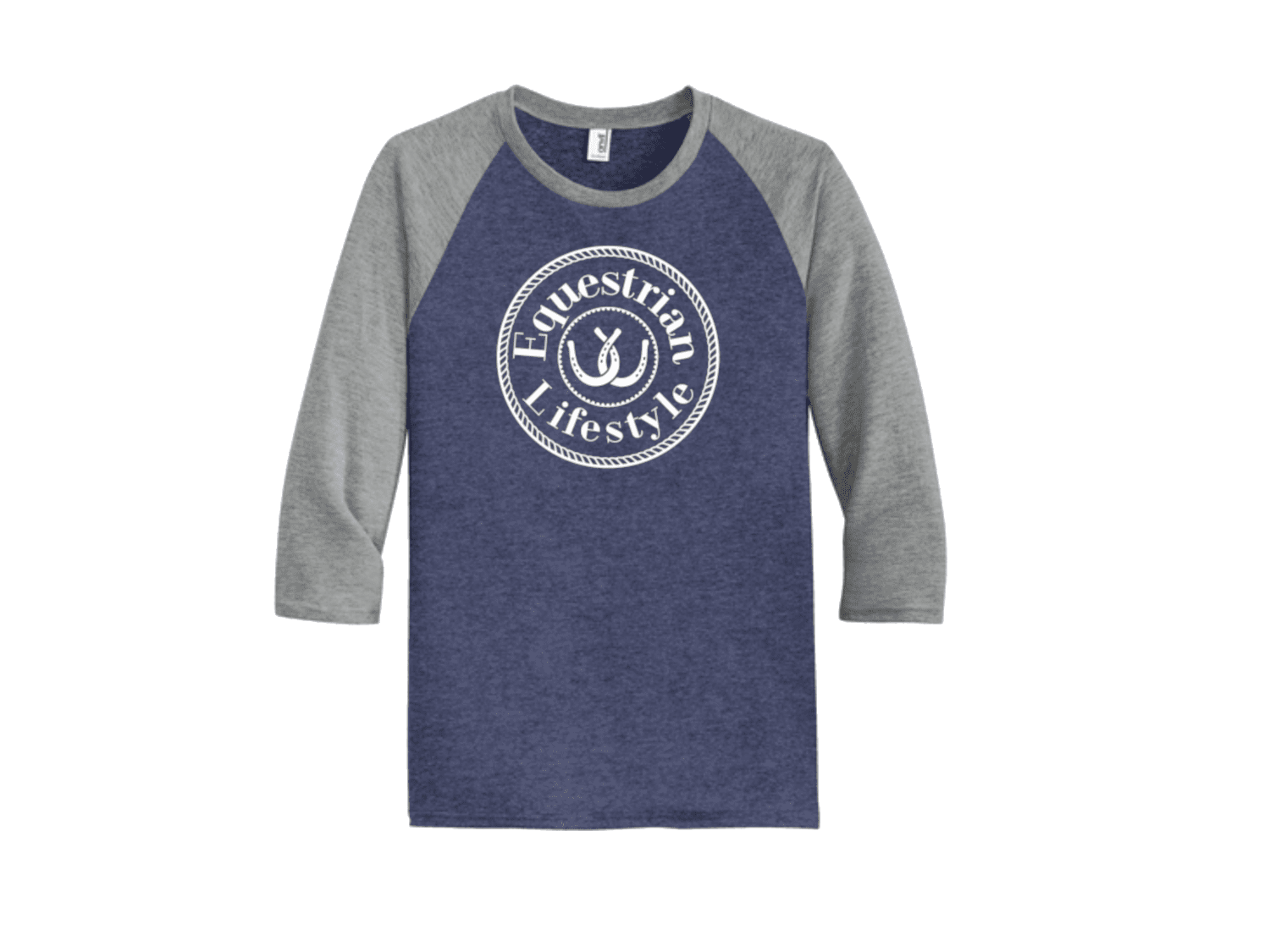 A 3/4 sleeve raglan t-shirt with a heathered navy blue body and heathered gray sleeves, featuring a white circular graphic on the chest that reads 'Equestrian Lifestyle' with a horseshoe symbol.