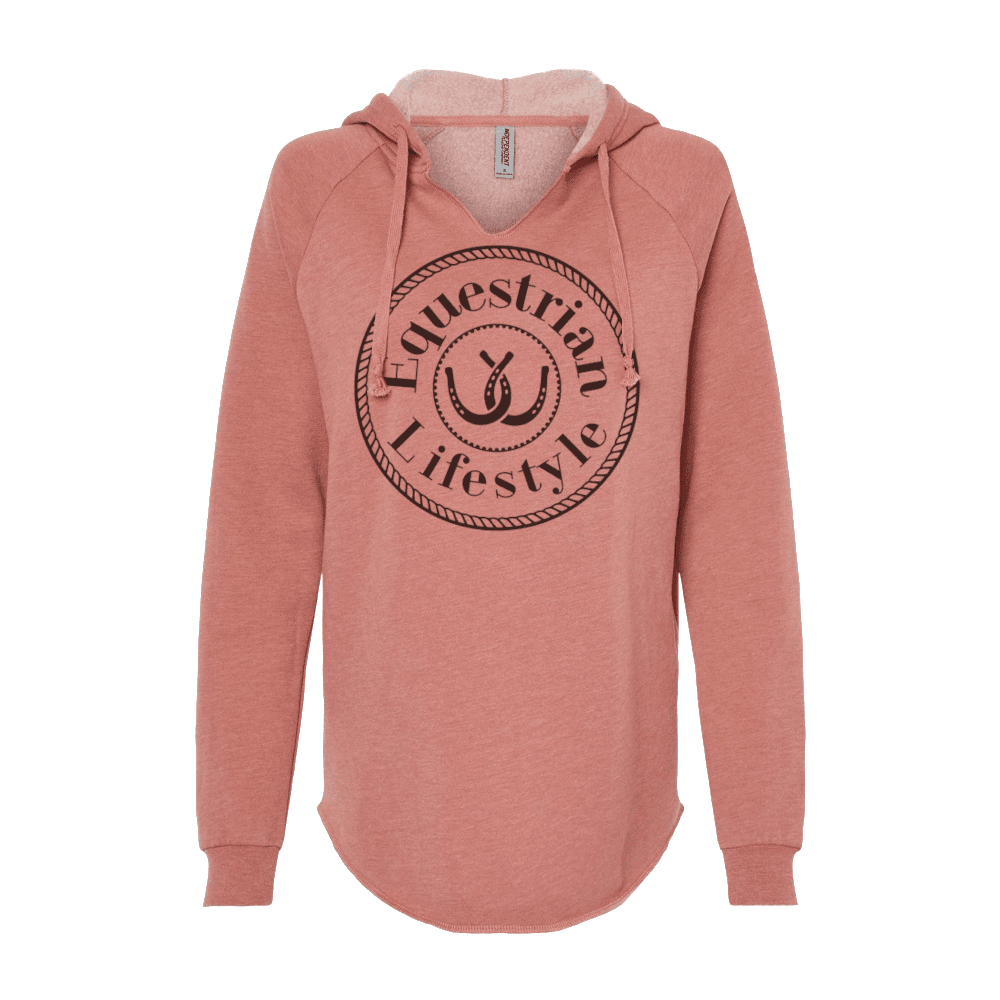 A dusty rose pink long-sleeve hoodie with a large black circular graphic on the chest that reads 'Equestrian Lifestyle' around a horseshoe symbol. The hoodie features a relaxed fit, raglan sleeves, and a drawstring hood, shown against a plain white background.