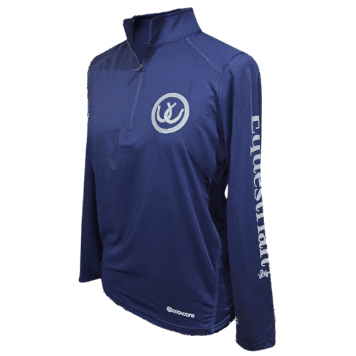 A navy blue long-sleeve athletic quarter-zip pullover with a white circular horseshoe logo on the left chest and 'Equistrian' printed vertically in white on the right sleeve, shown on a plain white background.