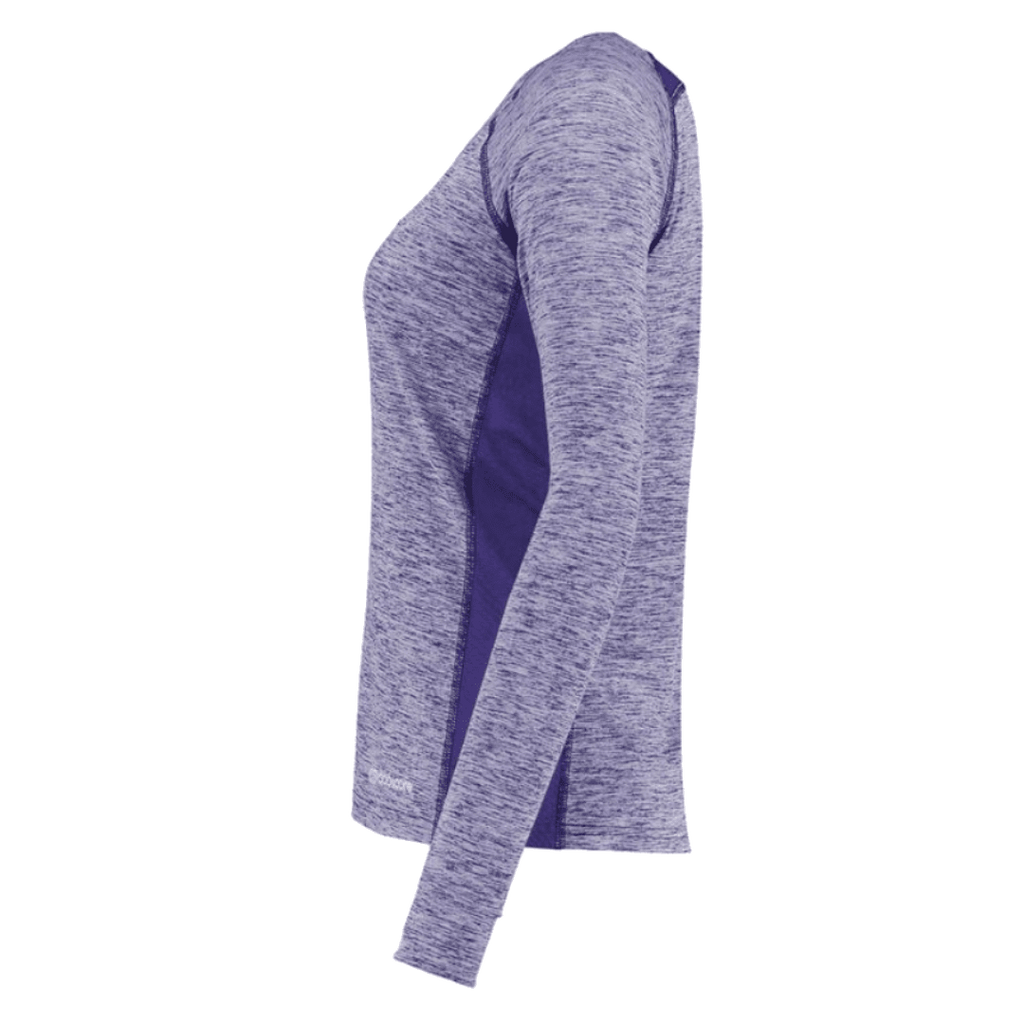 A women's long-sleeve athletic top shown in side profile on a white background. The top features a heathered lavender-purple fabric on the exterior with a breathable mesh  dark purple inner lining visible along the side.