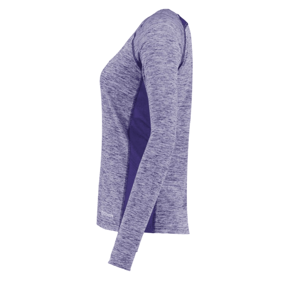 A women's long-sleeve athletic top shown in side profile on a white background. The top features a heathered lavender-purple fabric on the exterior with a breathable mesh  dark purple inner lining visible along the side.