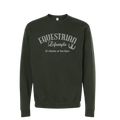 An olive green crewneck sweatshirt with 'EQUESTRIAN Lifestyle & It's Better at the Barn' printed in white on the chest, displayed on a solid white background.