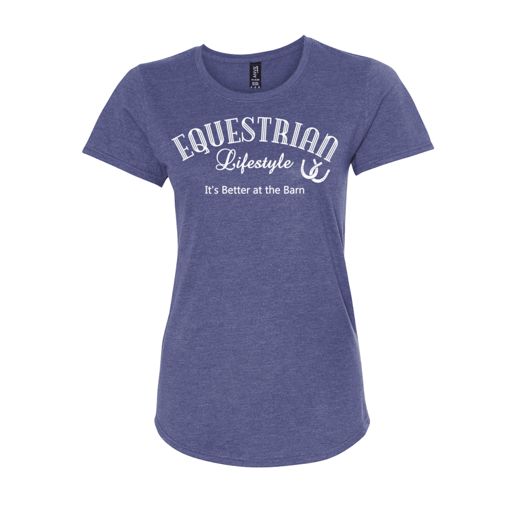 T-shirt femme "Equestrian Lifestyle" – Graphique phrase bleu chiné blanc